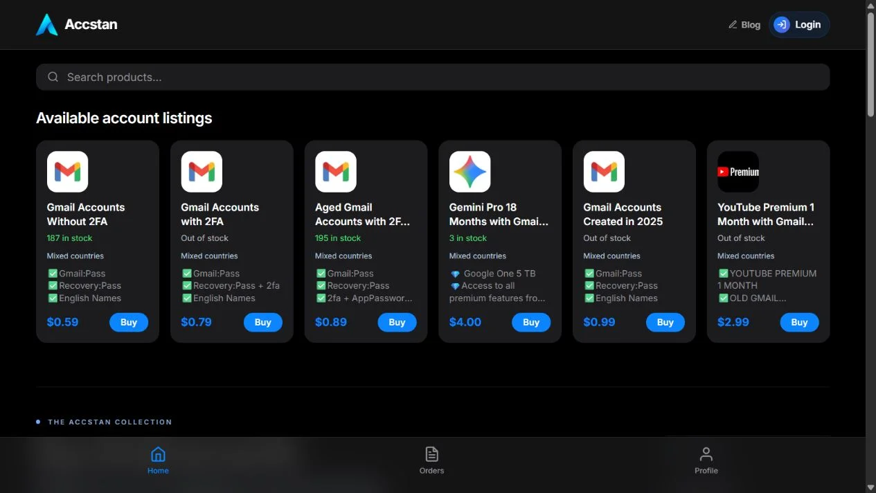 Accstan storefront showing product names, country descriptions, stock, prices, and Buy buttons